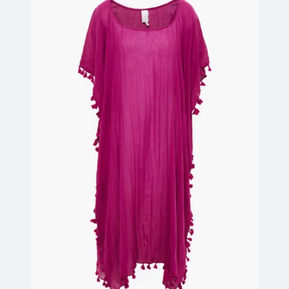Seafolly Tasseled Boysenberry Pink Cotton Kaftan Beach Vacation Coverup - Picture 3 of 6